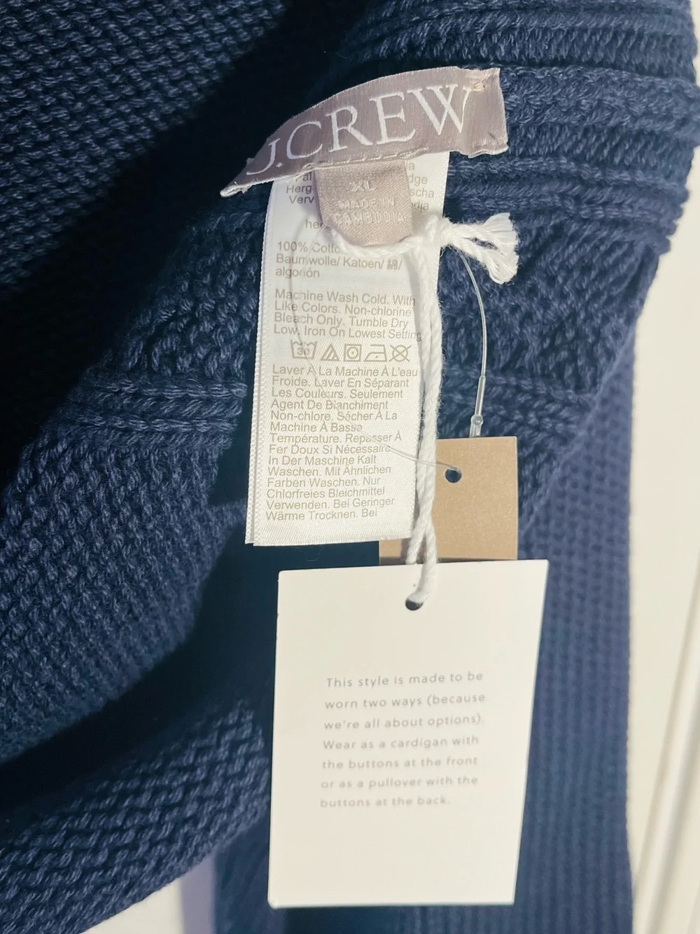 J. Crew Rollneck Reversible Cardigan 100% Cotton Knit Navy Sweater, NWT, Sz XL